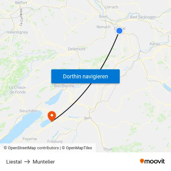 Liestal to Muntelier map