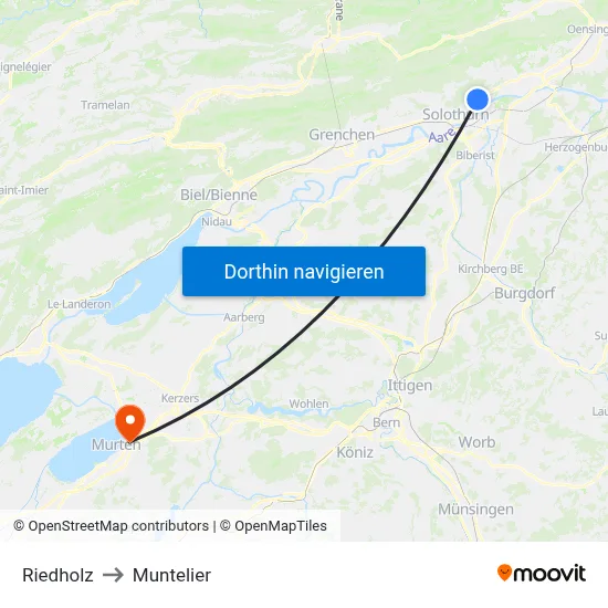 Riedholz to Muntelier map