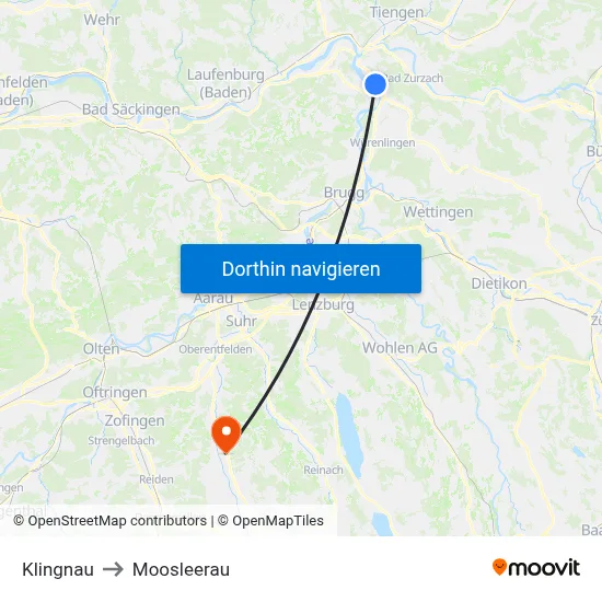 Klingnau to Moosleerau map