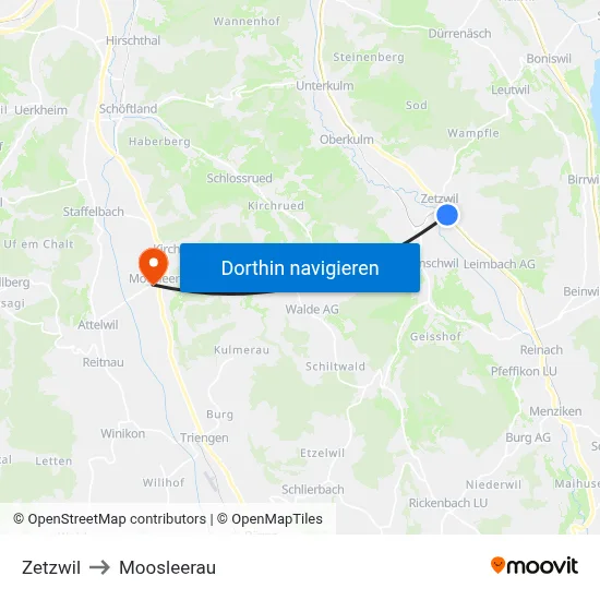 Zetzwil to Moosleerau map