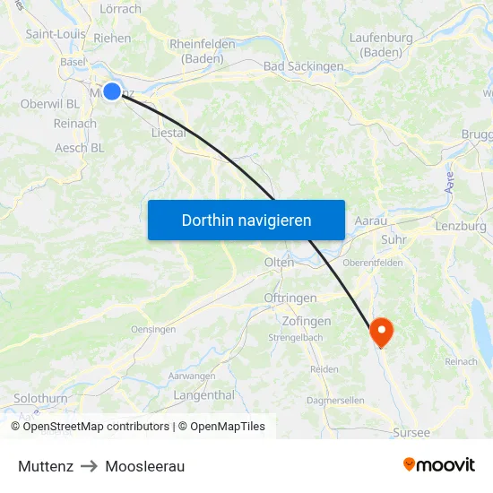 Muttenz to Moosleerau map