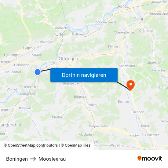 Boningen to Moosleerau map