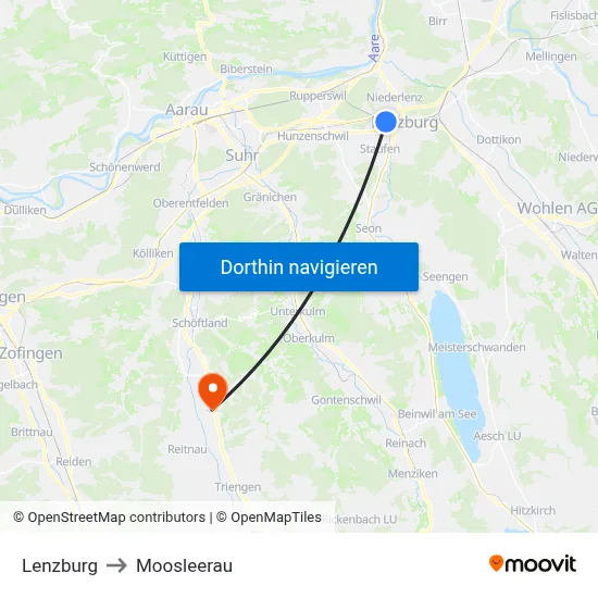 Lenzburg to Moosleerau map