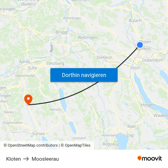 Kloten to Moosleerau map
