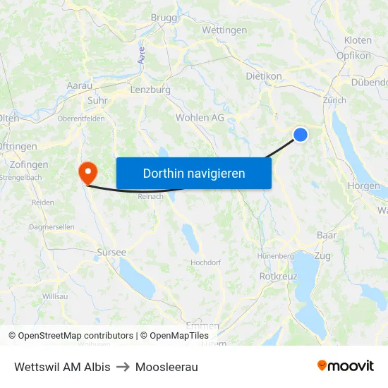 Wettswil AM Albis to Moosleerau map