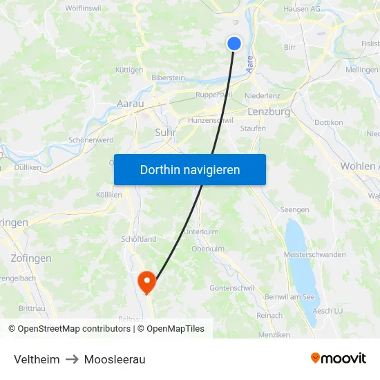 Veltheim to Moosleerau map