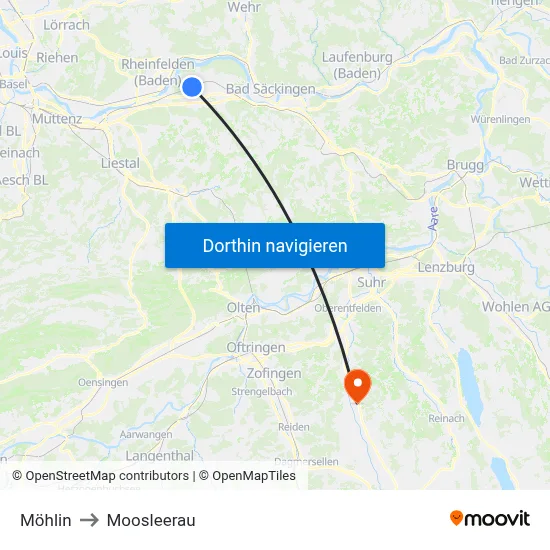 Möhlin to Moosleerau map