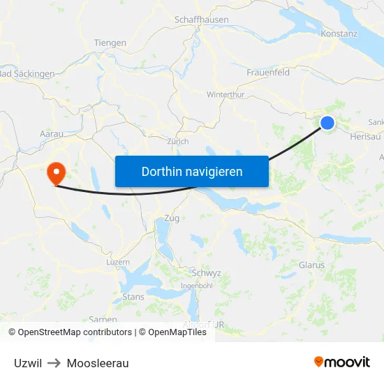 Uzwil to Moosleerau map