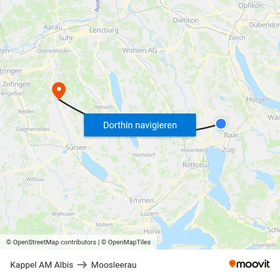 Kappel AM Albis to Moosleerau map