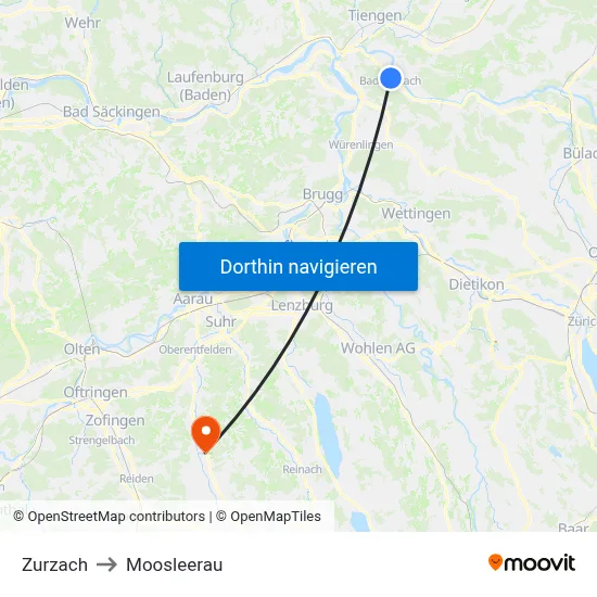 Zurzach to Moosleerau map