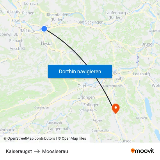 Kaiseraugst to Moosleerau map