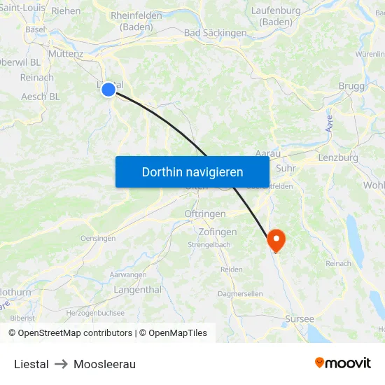 Liestal to Moosleerau map