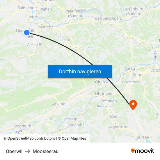 Oberwil to Moosleerau map