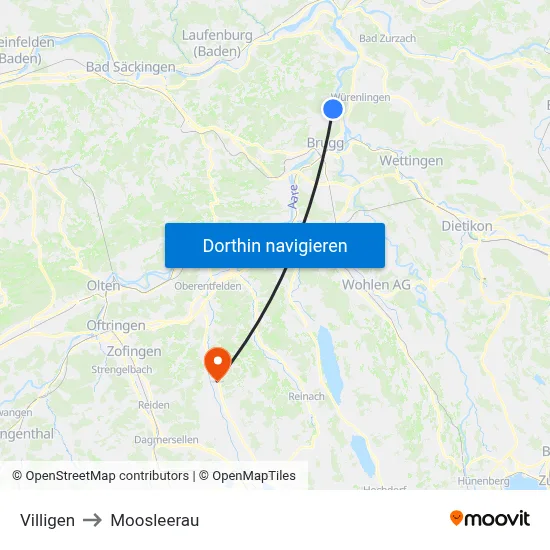 Villigen to Moosleerau map