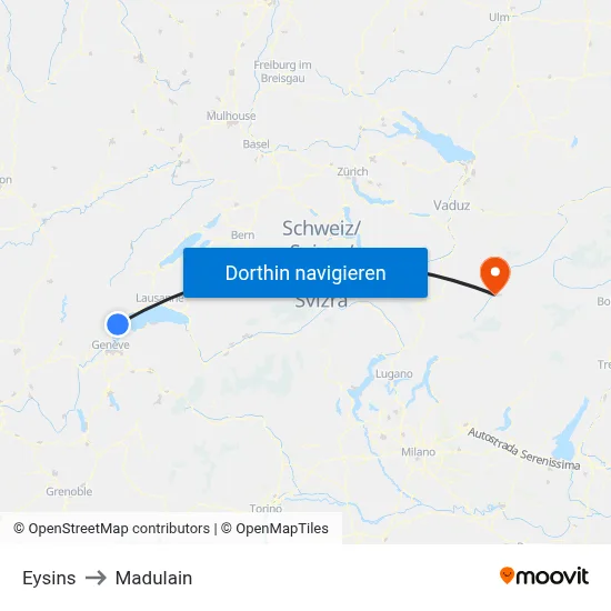 Eysins to Madulain map