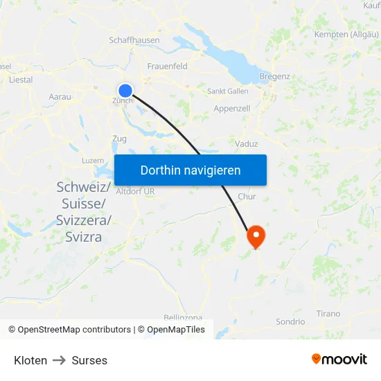 Kloten to Surses map