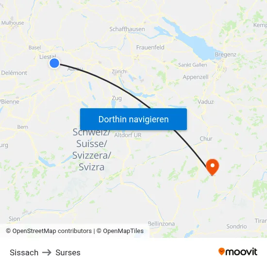 Sissach to Surses map