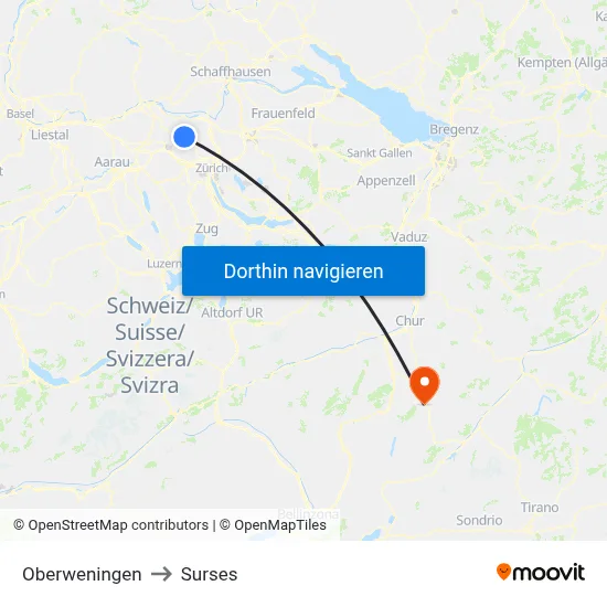 Oberweningen to Surses map