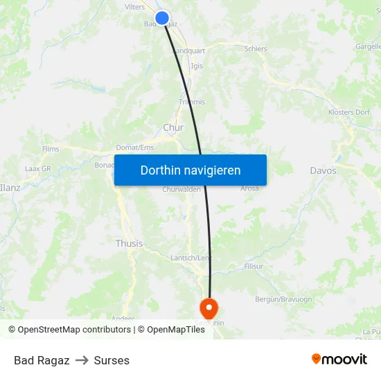 Bad Ragaz to Surses map