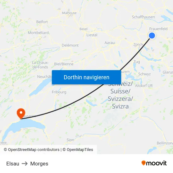 Elsau to Morges map