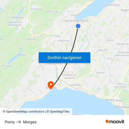 Pomy to Morges map