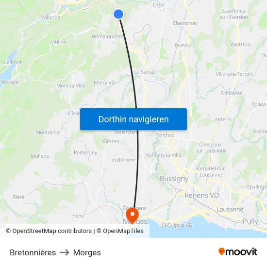 Bretonnières to Morges map