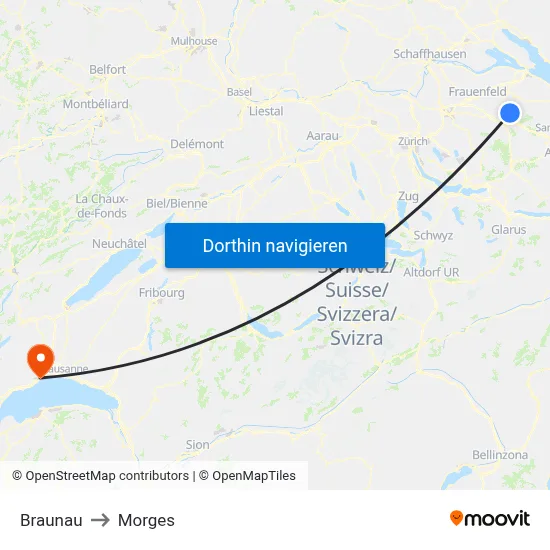 Braunau to Morges map