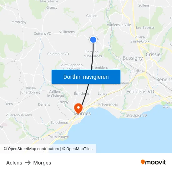 Aclens to Morges map