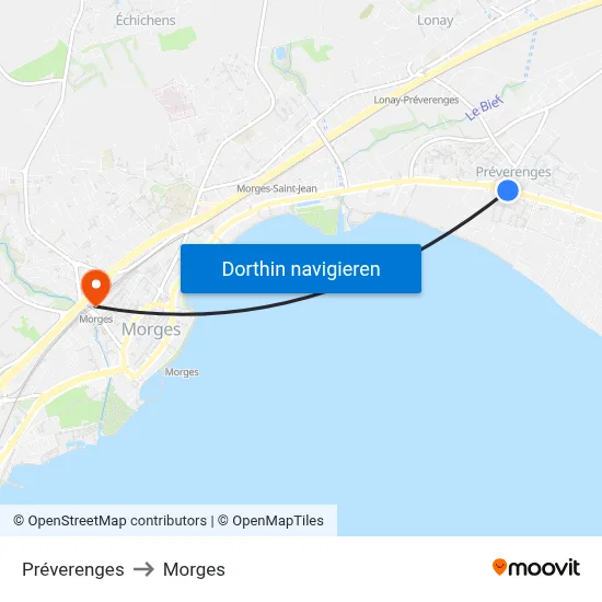 Préverenges to Morges map
