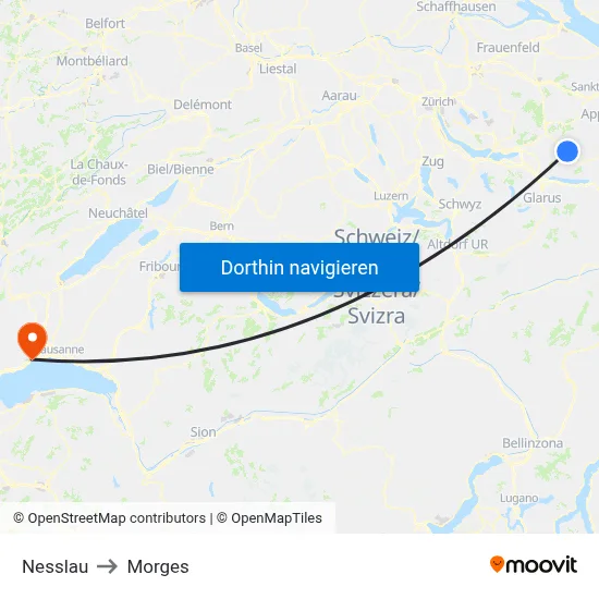 Nesslau to Morges map