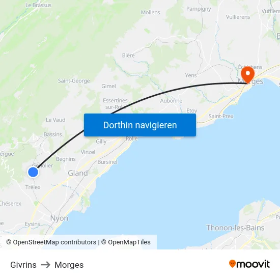 Givrins to Morges map