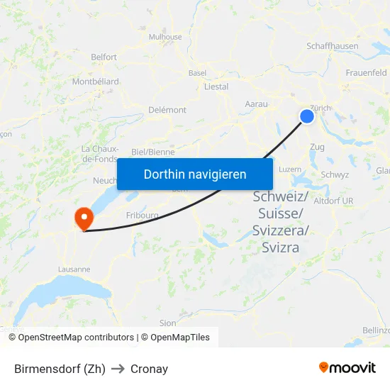 Birmensdorf (Zh) to Cronay map