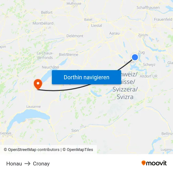 Honau to Cronay map
