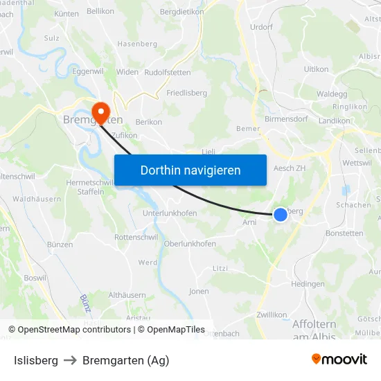 Islisberg to Bremgarten (Ag) map