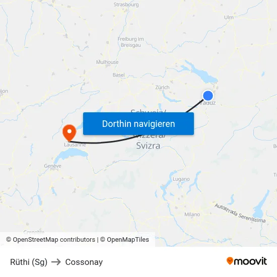 Rüthi (Sg) to Cossonay map