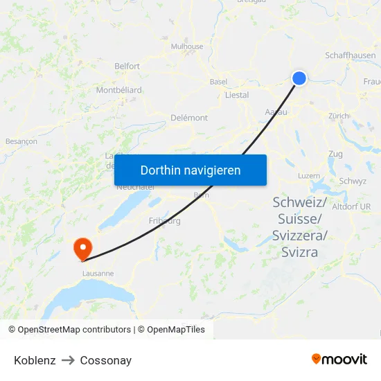 Koblenz to Cossonay map