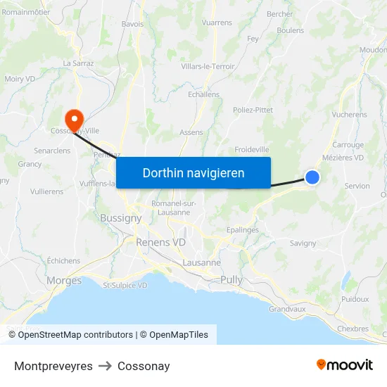 Montpreveyres to Cossonay map