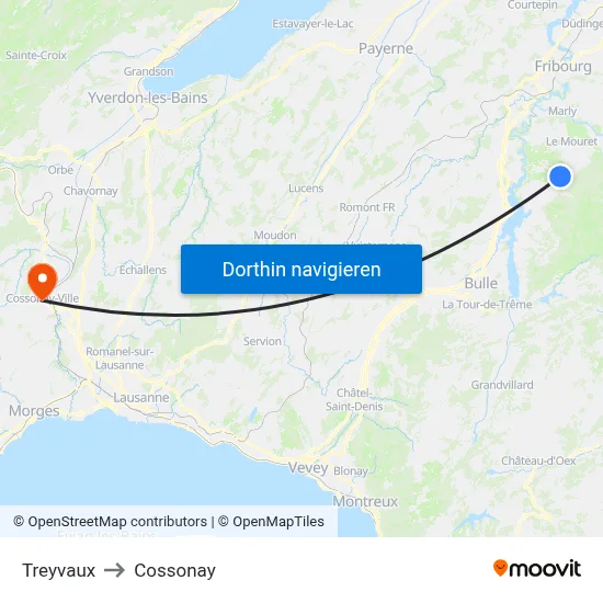 Treyvaux to Cossonay map