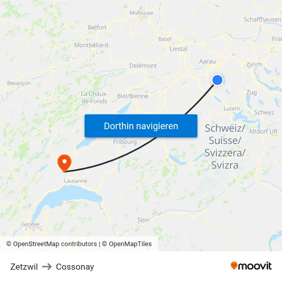 Zetzwil to Cossonay map