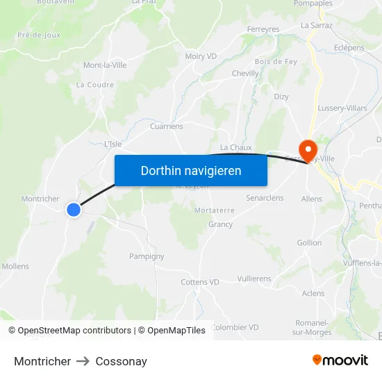Montricher to Cossonay map