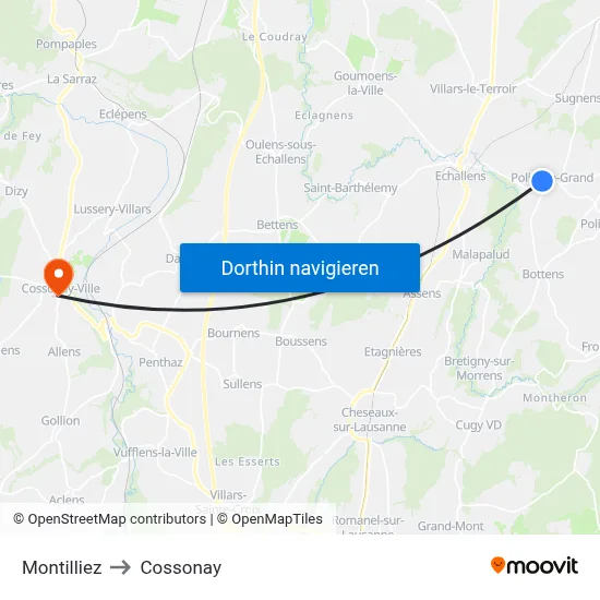 Montilliez to Cossonay map
