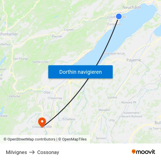 Milvignes to Cossonay map