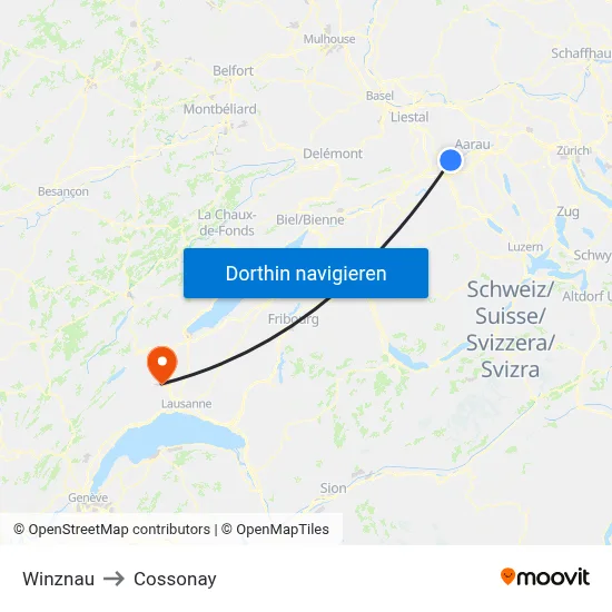 Winznau to Cossonay map