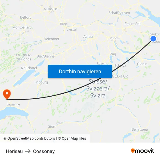 Herisau to Cossonay map
