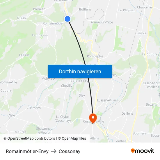 Romainmôtier-Envy to Cossonay map