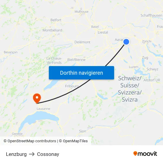 Lenzburg to Cossonay map