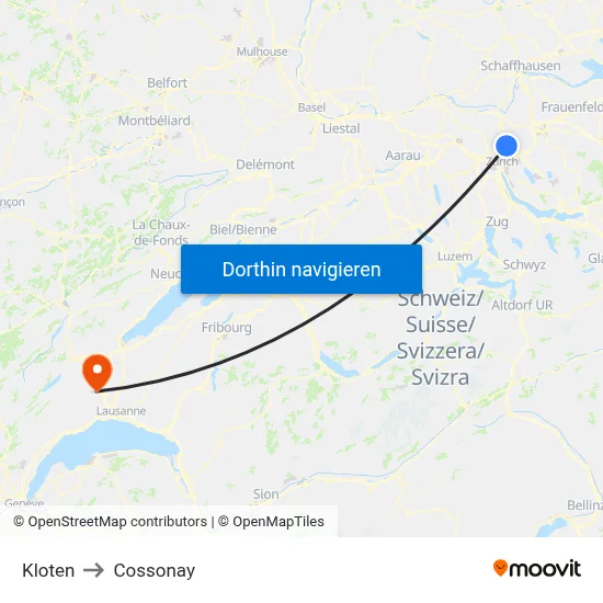 Kloten to Cossonay map