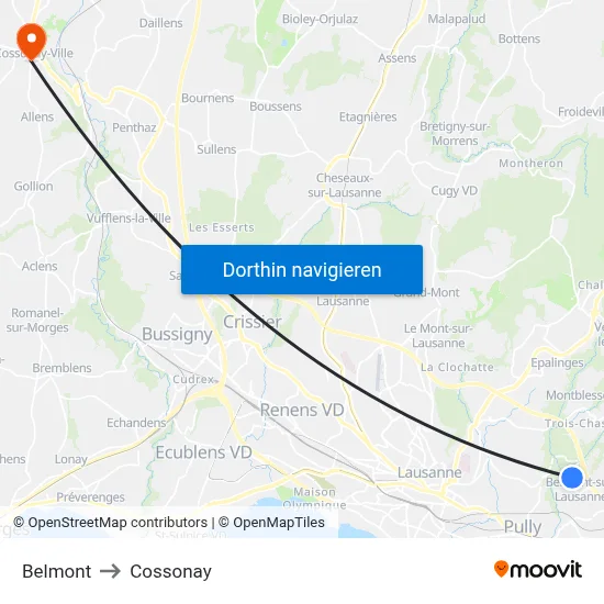 Belmont to Cossonay map