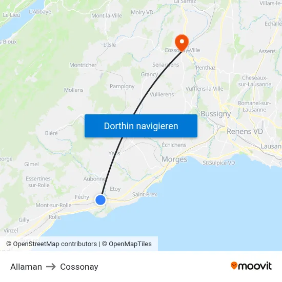 Allaman to Cossonay map