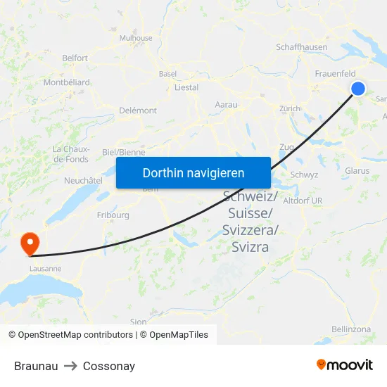 Braunau to Cossonay map